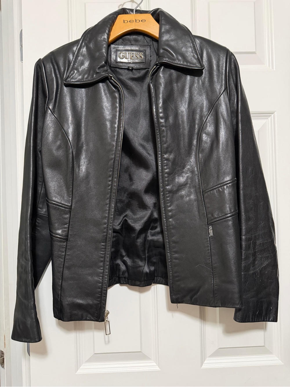 GUESS Black Leather Jacket with Brass Zipper Accents